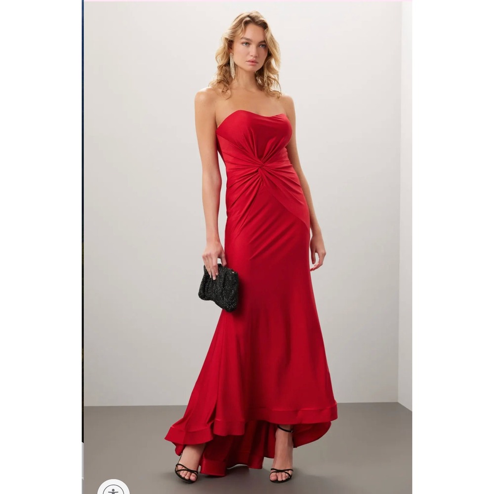 Faviana Front Knot Gown‎ Red Strapless Maxi Dress High Low Formal Sz 2